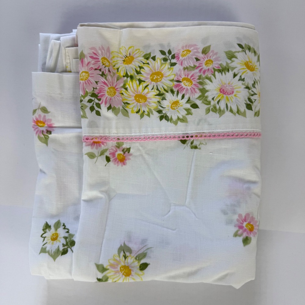 Vintage Morgan Jones Daisy Floral Flat Sheet Pink Yellow Lace Trim Full 81x104